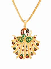 Golden Peacock Pendant Necklace with Intricate Enamel Detailing