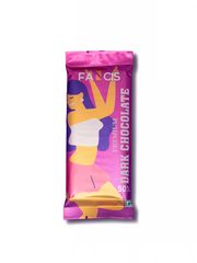 A hand picking up squares of Fancis chocolate from a purple background, surrounded by colorful chocolate bar wrappers.