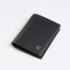 A premium black leather wallet showcased in a branded gift box, highlighting handcrafted quality and elegant design.