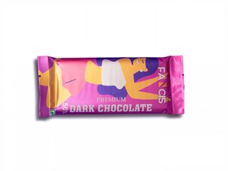 A hand picking up squares of Fancis chocolate from a purple background, surrounded by colorful chocolate bar wrappers.