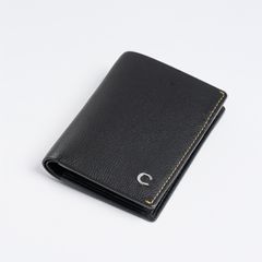 A premium black leather wallet with neat stitching and a subtle silver logo, showcasing a sleek handcrafted design.