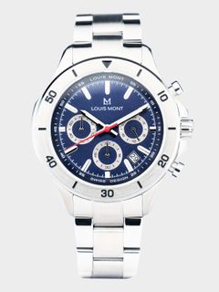 A stainless steel Louis Mont watch with a blue chronograph dial, red second hand, and date window, displayed on a light grey background.