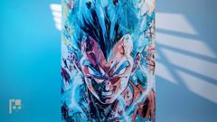 A woman wearing a green T-shirt sits on a dark armchair holding a green-themed anime poster, with more anime posters on a red wall behind her and a rattan floor lamp to the side.