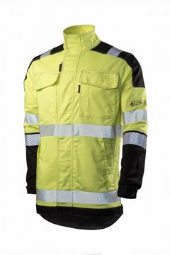 A bright yellow flame-resistant jacket with black accents and reflective stripes, designed with multiple pockets for industrial safety.