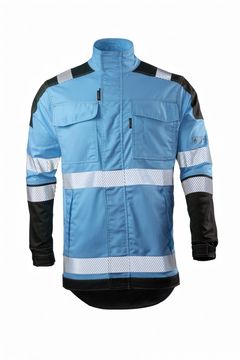 A light blue flame-resistant jacket with black accents and reflective stripes, featuring multiple pockets for industrial safety.