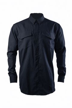 A navy fire-resistant work shirt with two front chest pockets, designed for industrial or firefighting safety.