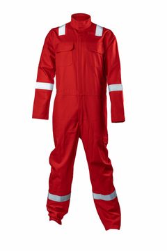 Red fire-resistant coverall with reflective stripes on the arms and legs, designed for protective firefighting or industrial safety.